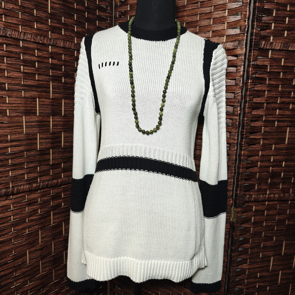 Cream and Black Knit Women's Sweater - Classic Contrast Stripe